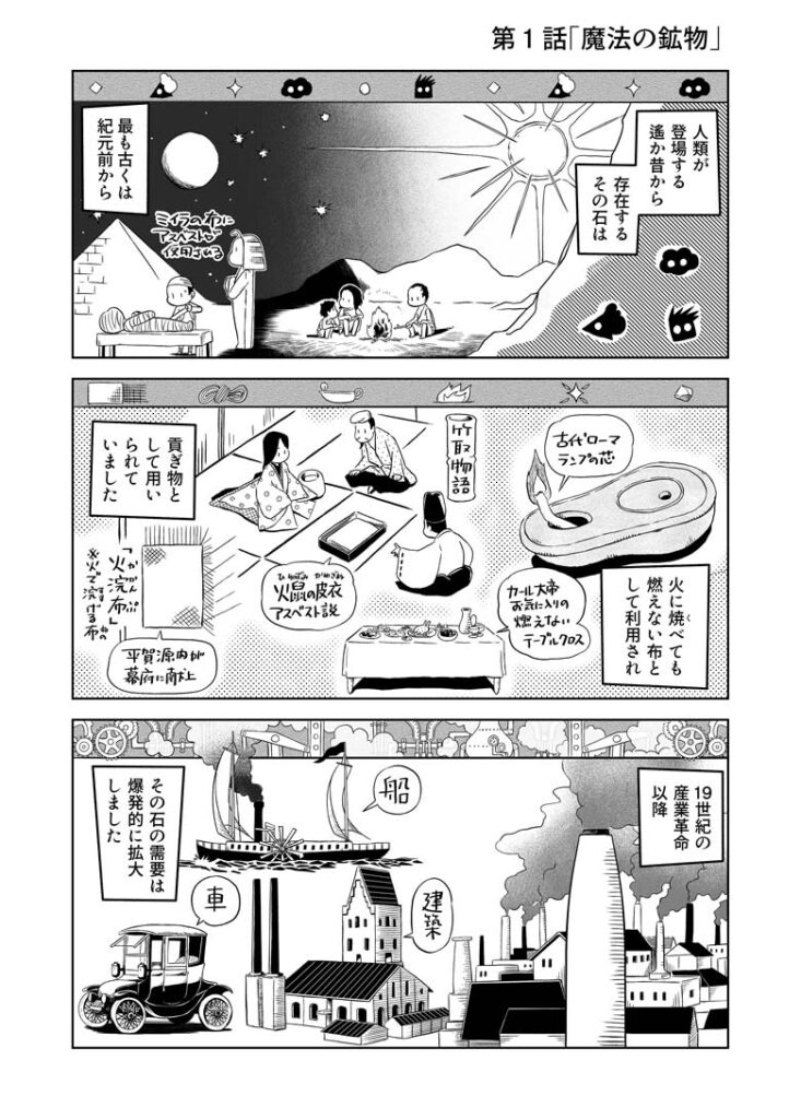 人類が登場する遙か昔から
存在するその石は
最も古くは紀元前から
火に焼べても燃えない布と
して利用され貢ぎ物と
して用いられていました

19世紀の産業革命以降
その石の需要は爆発的に拡大
しました


日本でも１９５０年代
からの高度経済成長期に
「魔法の鉱物」と重宝されました

燃えず錆びず腐らない
電気熱音を通しにくく
すり減りにくい 万能素材
しかも安い

まさに「魔法の鉱物」でした

それがアスベスト（石綿）です
